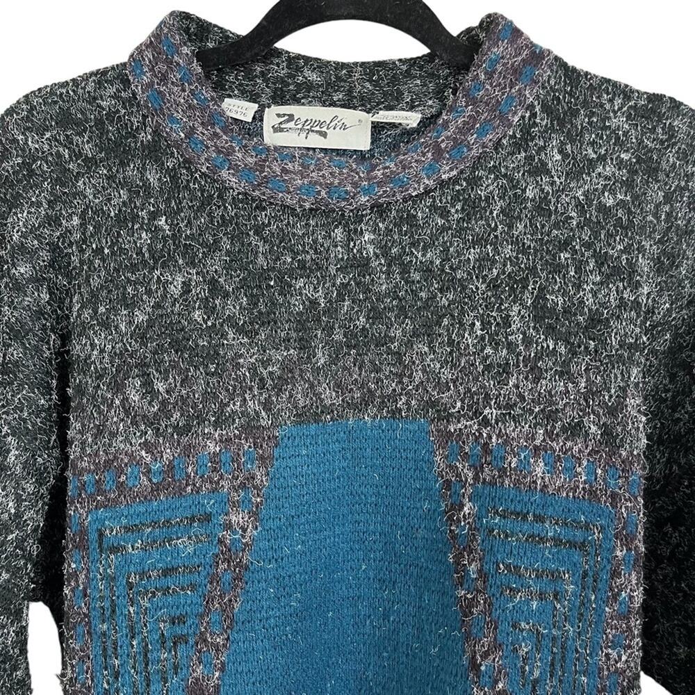 ZEPPELIN Vintage Blue & Charcoal Gray Pullover Long Sleeve Sweater Chunky Knit M - Picture 2 of 16